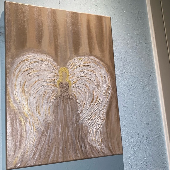 12x16 Hand painted mixed media Angel painting on canvas neutrals gold metallic - Picture 11 of 17